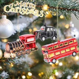 Yinns Glass Blown Ornaments for Christmas Tree, Decorated Glass Doubledecker Bus, British Taxi and Train 3Pcs Hanging Ornaments for Christmas Tree Decoration