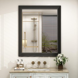 SMIROR 28x36 Inch Matte Black Bathroom Mirrors for Over Sink, Metal Framed Vanity Mirror for Wall, Rectangular, Right Angle Corner, Thick Frame, Tempered Glass (Horizontally/Vertically)