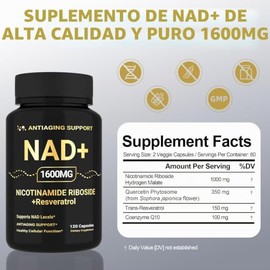 Suplemento NAD de 1600 mg, NAD+ con resveratrol y ribósido de nicotinamida, apoyo antienvejecimiento, energía celular y apoyo a la claridad mental, ve