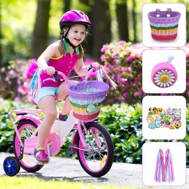Hojalis Kids Bike Basket, Bike Basket Front Kids, Handwoven Bike Basket with Spare Leather Straps, Cute Sticker, Bike Tassels and Bike Bell, Coloured Scooter Basket, Bike Accessories for Kids Girls