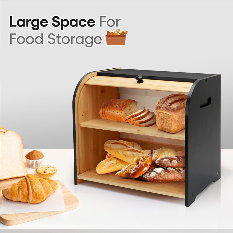 Thalomely Bread Box for Kitchen Countertop, Double Layer Bamboo Bread