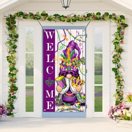 SENSEVEN Gnome Mardi Gras Door Banner, Spring New Orleans Carnival Gnome Door Cover, Gnome Mask Feather Beads Welcome Porch Sign, Spring Holiday Front Door Decorations 70.9 x 35.4 Inches