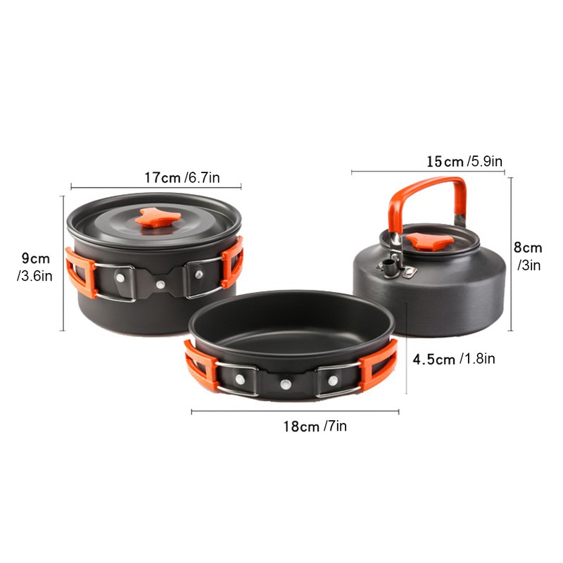 3 PCS Camping Cookware Mess Kit Pots Kettle Pans Aluminum