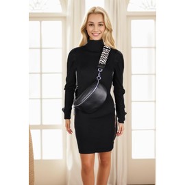 MIRROSI® Women's Bum Bag, Genuine Leather, Made in Italy, Shoulder Bag, Chest Bag, Crossbody Bag (1 Bag & 2 Straps), Black (bohemian black beige)