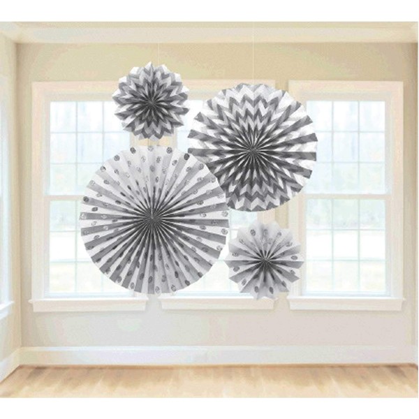 Silver Glitter Hanging Fans (4 ct)