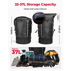 KEMIMOTO Motorcycle Sissy Bar Backrest Bag Upgraded Version, 37L Expandable Capacity PU Leather Motorcycle Tail Bag with Rain Cover, Luggage Backpack with Helmet Net & Shoulder Strap, Black