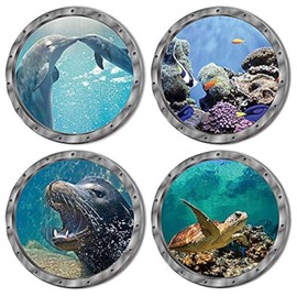 4 PCS Removable 3D Under The Sea Nature Scenery Wall Decals Animals Wall Sticker Home Wall Art Decor for Bathroom Bedroom Door Kids Baby Nursery Room Includ Sea Turtles Dolphins Sea Lions Coral