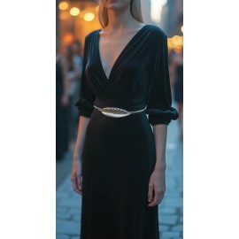 Unbranded Women Shiny Silver Color Metal Leaf Stretch Skinny Waistband Belt Size Fit S M L