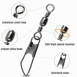 Fishing Snap Swivels Kit - 50pcs Barrel Swivels with Safety Snap Fishing Connector Swivel Snap with Solid Ring Fishing Tackle Accessories Box Kit, Black/Gold Size 4#,6#,8#,10#,12#,14#