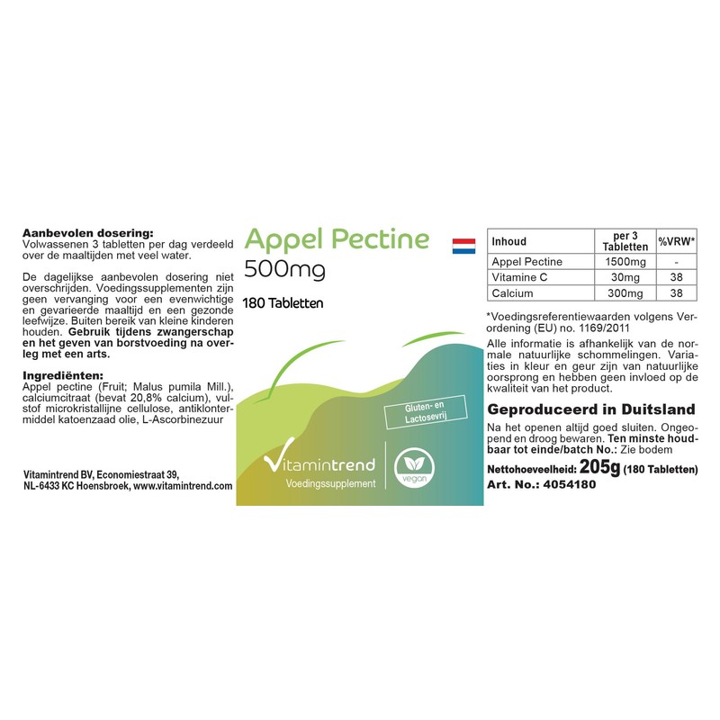Apple Pectin 500 mg - 180 Tablets - with 1500