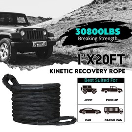 Kinetic Recovery Rope,1" x 20ft 48000lbs Heavy-Duty Offroad Snatch Strap 35% Elasticity Energy Tow Straps Offroad Recovery Kit for ATV UTV Car Truck SUV Tractor