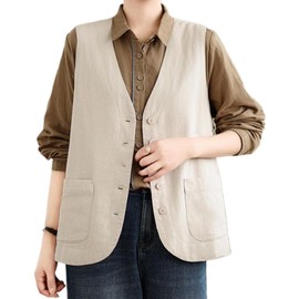 Niliv Women's Vest, Linen Vest, V Neck Linen, Cotton Linen, Casual, Layered-Style Top, Body Cover, Spring, Summer, Autumn, Winter, Comfortable, Solid Blouse, Forest Girl, beige