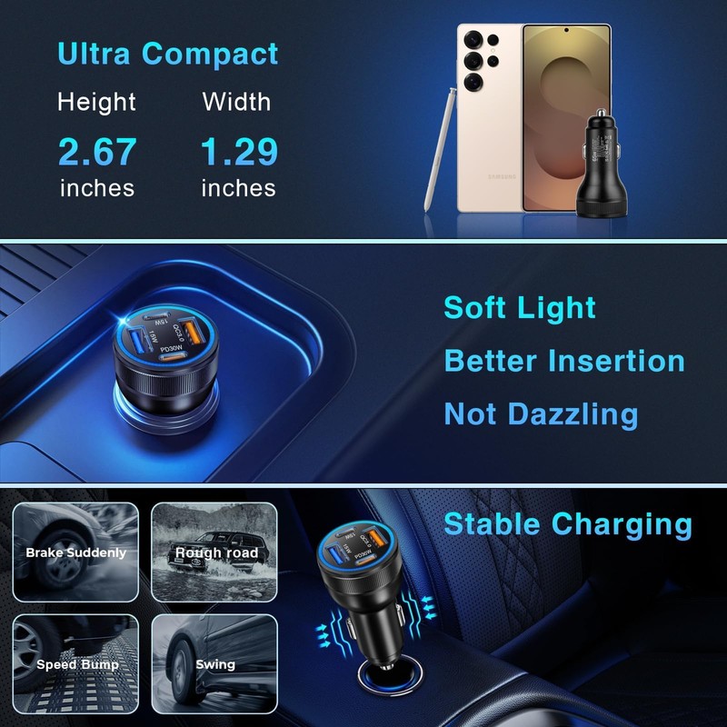3-Pack Car Charger,4-Port 65W PD+QC 3.0 Car Charger USB C
