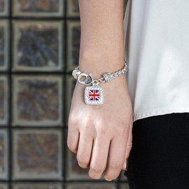 Inspired Silver - UK Flag - Silver Braided Bracelet for Women - Square Charm Bracelet Jewelry Gift with Cubic Zirconia - Women's Charm Bracelet with Lobster Claw Clasp