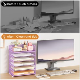Subekyu 6 Tier Paper File Tray Organizer for Desk, Purple Mesh Desk Letter Paper File Folder Accessories Sorter Organizer with Handle, Stackable Slid Tray for Office, Home or School Supplies Storage
