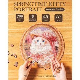 Wooden Puzzles for Adults – Springtime Kitty Portrait 200 Piece Jigsaw Puzzles with Unique Shape -Challenging Puzzle Perfect for Game Nights, Ideal Creative Gift Ideas/Perfect Home Decor/Wall Art