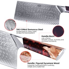 FINDKING Nebula Series Cleaver Knife, Multipurpose Chinese Chef Knife, 10Cr15CoMov Damascus Steel Blade, Resin and Figured Sycamore Handle, Full Tang, 7 Inch, Red, for Meat, Vegetable Shredding
