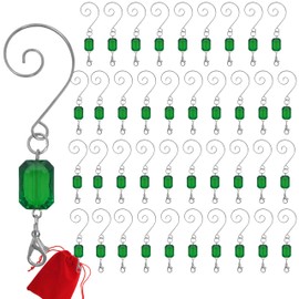 BANBERRY DESIGNS Christmas Ornament Hooks - Green Acrylic Gem - Silver Wire S-Hook with Lobster Claw Clasp - Set of 40-3" H