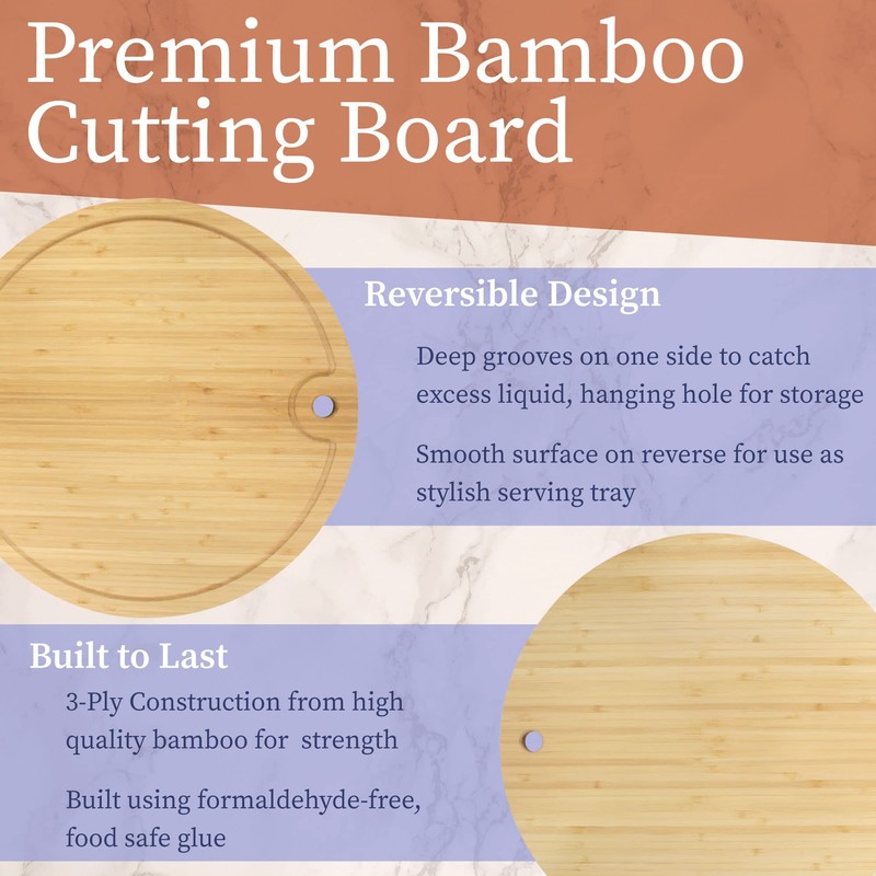 BambooMN Bamboo Round Chopping and Serving Board Charcuterie Board 12"