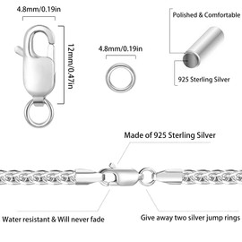 Lobster Claw Clasp with Closed Jump Rings for DIY Necklaces Bracelets Or Jewelry Making,4Pcs 925 Sterling Silver 12mm(0.47inch) Made in Italy (925 Sterling Silver, 4PCS (10mm ~ 0.39") )