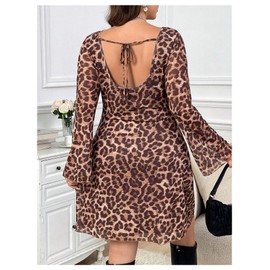 MakeMeChic Women's Plus Size Leopard Print Dress Bell Sleeve Square Neck Bodycon Party Dresses Brown 4X-Large Plus