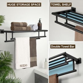 SEIDO Double Towel Racks for Bathroom, 30 Inch Long Towel Shelf with Double Towel Bar Wall Mounted, 304 Stainless Steel Bathroom Towel Storage Rack, Matte Black Towel Hanger Towel Holder with Shelf