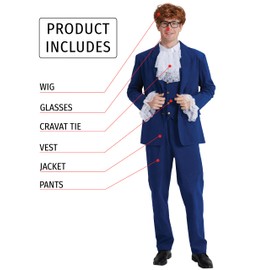 Maxim Party Supplies Men's Spy Costume - 6 Piece Groovy 60's Blue Suit with Vest, Glasses, Wig - Retro Velvet Cosplay Set (Large)