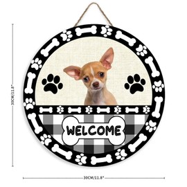 Rustic Dog Door Hanger Chihuahua Dog Paw Print Bone Black and White Plaid Front Door Welcome Sign Funny Animal Dog Lover Gift Circle Wooden Hanging Wall Art for Wall Door Decoration 12 Inch