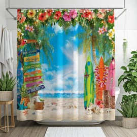 Luminora Summer Hawaii Beach Shower Curtain for Bathroom Tropical Flower Surfboard Palm Leaves Decorations Sets with 12 Hooks Waterproof Polyester 72" x 72"