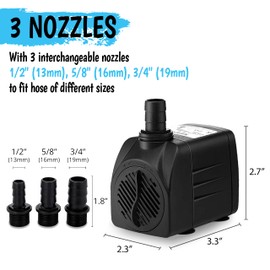 550GPH Submersible Pump 30W - Ultra Quiet Fountain Water Pump, 2000L/hr, 7.2ft High Lift, 3 Nozzles - Submersible Water Pump for Aquarium, Fish Tank, Pond, Hydroponics, Statuary (Compact 550GPH)