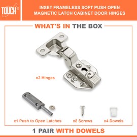 TOUCH Cabinet Hinges (1 Pair, 2 PCS) Inset Soft Push to Open Cabinet Hardware Grey Magnetic Latch and Catch Push Release Opener for Kitchen Cupboard and Closets 3D Adjustable with Dowels