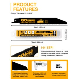25 Pack 6 inch 14/18 TPI Cobalt Bi-Metal Auto Dismantling Reciprocating Saw Blades for 1/16-5/16 Medium Metals， 6” 18TPI Demon sawzall Blades
