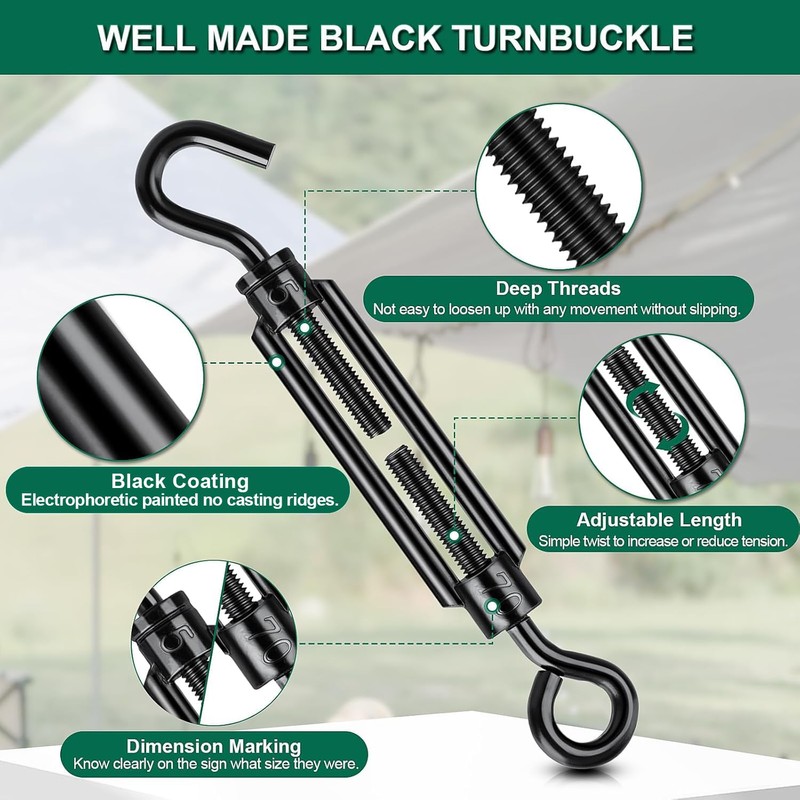 Premium Adjustable Black Turnbuckle Tensioner, 12PCS M6 Hook & Eye