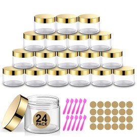 24 paquetes de tarros de plástico con tapas, recipientes de cosméticos de 4 onzas con tapa dorada, recipientes de viaje vacíos transparentes recargables para mantequilla corporal, exfoliantes de