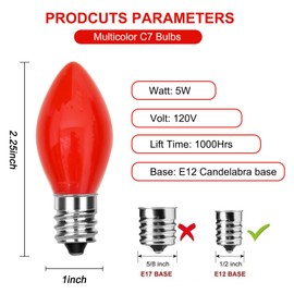 Bokoiuu 25 Pack C7 Red Christmas Light Bulbs, C7 Incandescent Ceramic Replacement Bulb, E12 Base C7 Bulb for Christmas Outdoor&Indoor Yard, 5 Watt Replacement Bulb
