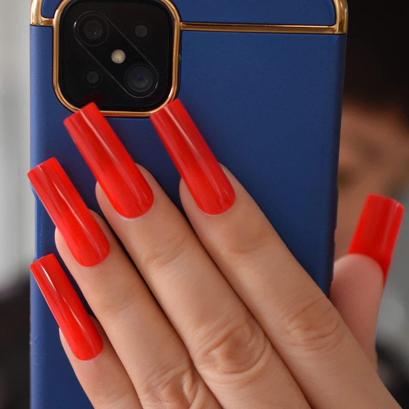 Bright Red Solid Color Press On Nails Extra Long Square
