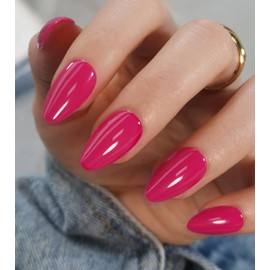 Morily Short Fake Press on Nails Almond with Designs, Hot Pink Acrylic Thick Stick on False Nail Reusable Glossy Full Cover Manicure for Women, 32 Pcs