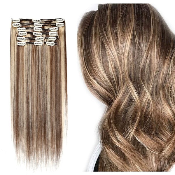 16" Light Brown & Bleach Blonde Trendy Remy Clip In On Human Hair Extension 8 Pcs 18 Clips Full Head Double Weft Brazilian Hair Extension Straight Highlighted Thick Hair For Women (16",#6P613)