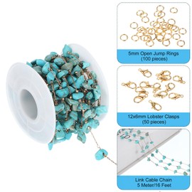 PATIKIL Copper Jewelry Chain, 16Ft Turquoise Blue Natural Stone Link Cable Chains for Necklace Earring Bracelet Findings Jewelry Making Trucker Hat Chains, Gold/Turquoise Blue