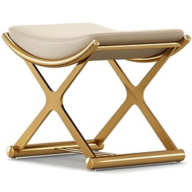 CHSSIH Vanity Stool Chair for Makeup - Small Backless Leather Stool for Vanity - Modern Ottoman Bench Seat with Metal X Legs, Footstool for Bathroom & Living Room - Gold
