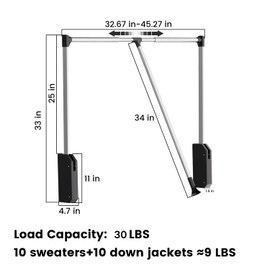 bimiti Pull Down Closet Rod -Stainless Steel Adjustable 33-47 Inches Soft-Close Wardrobe Rail, Two-way Buffering Back Mounted Organizer for Hanging Clothes，Easy Pull Down