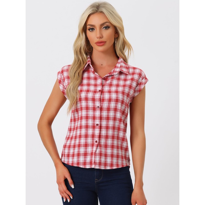 Allegra K Women's Summer Plaid Tops Casual Short Sleeves Western