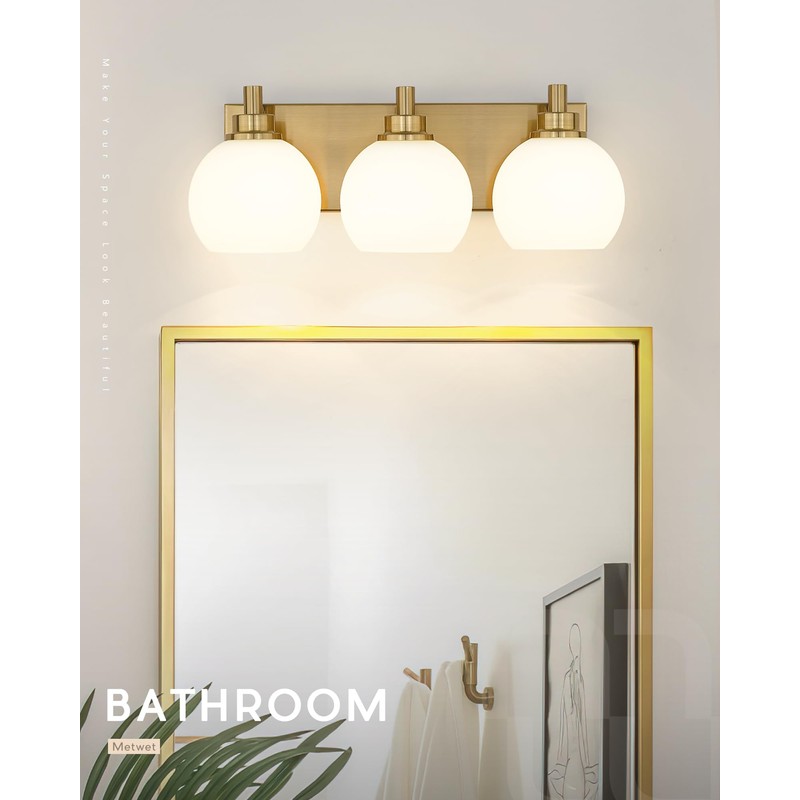 METWET Bathroom Light Fixtures, 3-Light Brushed Gold Vanity Light, Modern