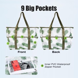 KUAK Beach Bag, Extra Large Colorful Mesh Beach Tote Shoulder Bags with Zipper, 9 Pockets for Grocery Pool Family Vacation, Green Pineapple