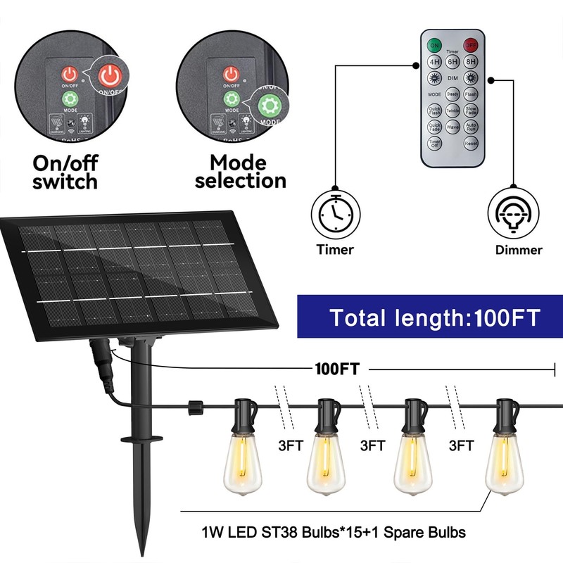 Stright Solar Powered String Light 100FT with Remote Control 8