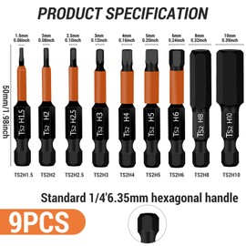 TAIHOBO 9PCS Allen Key Screwdriver Set Bit, Impact Driver Hex Bit Set, 50mm Long Magnetic Allen Key Drill Bit Set with 1/4 Inch Hexagon Shank, S2 Steel Wrench Hex Drill Bit Set H1.5-10mm