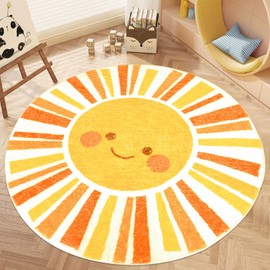 Lacomfy Kids Rug Boho Sun Play Mat 5.2Ft Round Sunshine Bedroom Carpet for Boys Girls Circle Nursery Mat Playroom Rug for Children Washable Orange Yellow Sun Area Rug for Classroom Living Room
