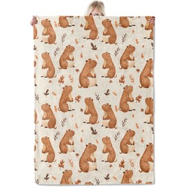 ICAAV Capybara Flannel Blanket 50x60in,Cute Cartoon Capybaras with Autumn Leaves on Cream Background,Soft Lightweight Throw for Kids,Girls,Animal Lovers,Fall Decor Gifts Blankets