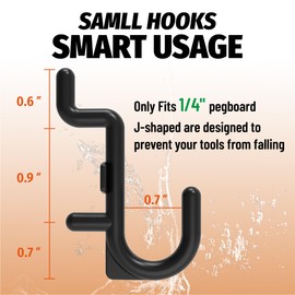 HUHOLE 100 Pack Pegboard Plastic Hooks – J Shape Peg Board Hooks for Hanging Jewelry, Crafts & Tools – Fits Standard 1/4" Pegboards – Durable Black Pegboard Hooks for Garage Organization