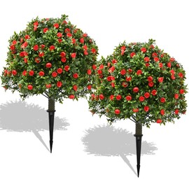 28" Artificial Boxwood Topiary Tree with Rose, Set of 2 Artificial Shrub Bushes with Ground Spike, Fake Evergreen Tree for Porch, Artificial Plants for Outdoor Planters Indoor UV Resistant